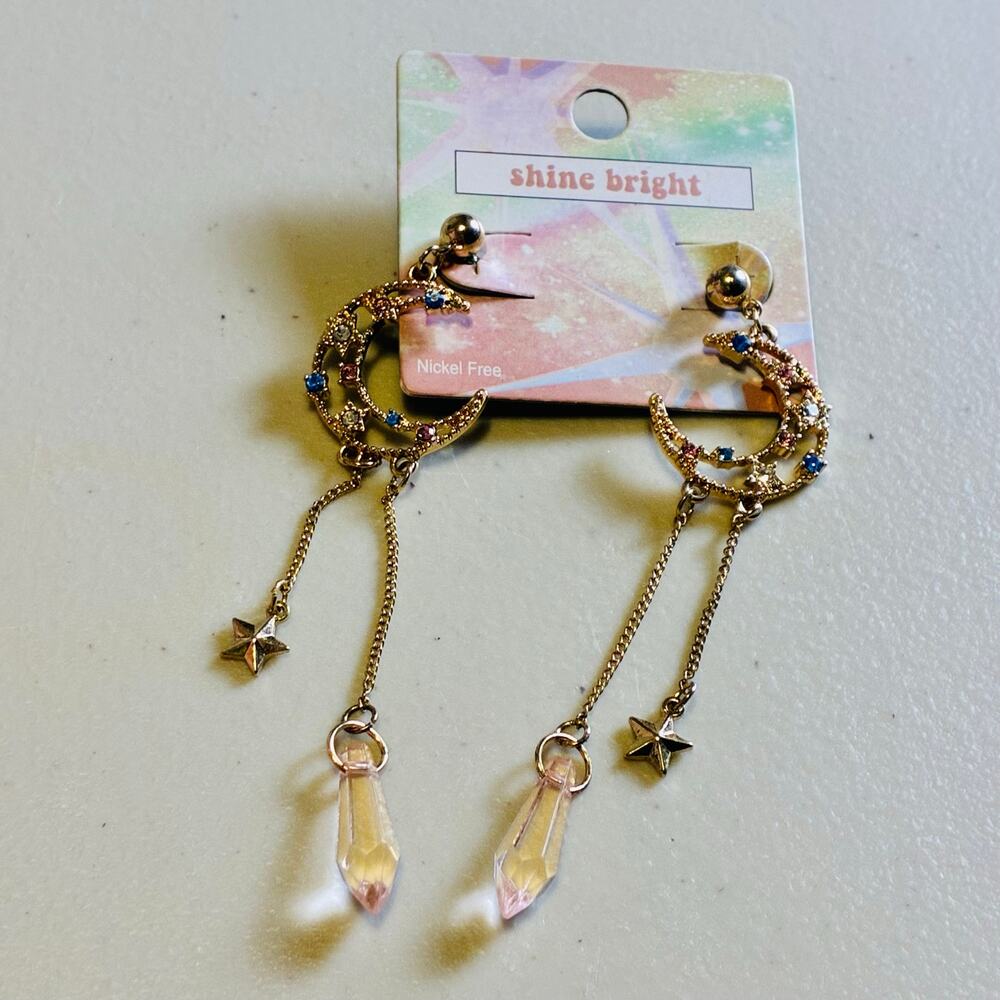Celestial Moon Star Crystal Dangle Earrings Gold Tone Rhinestone Fairycore New